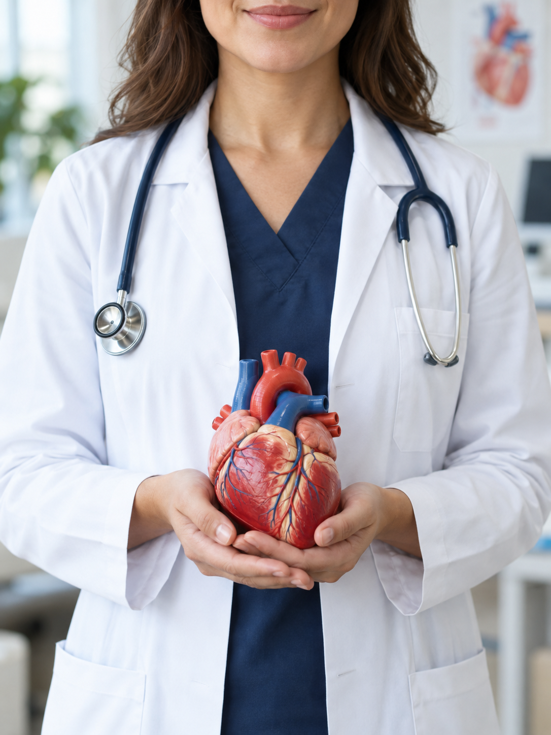 Doctora sosteniendo un modelo anatómico de corazón